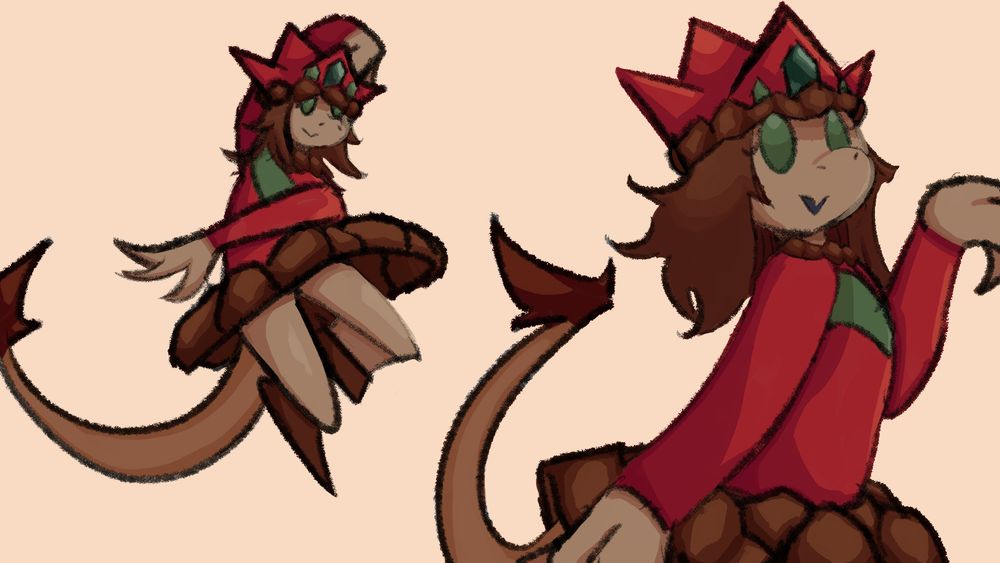 Two colored sketches of Murockko, a RoA workshop character. She seems like she's having a real good time.
(OC by @jetdean.bsky.social‬)