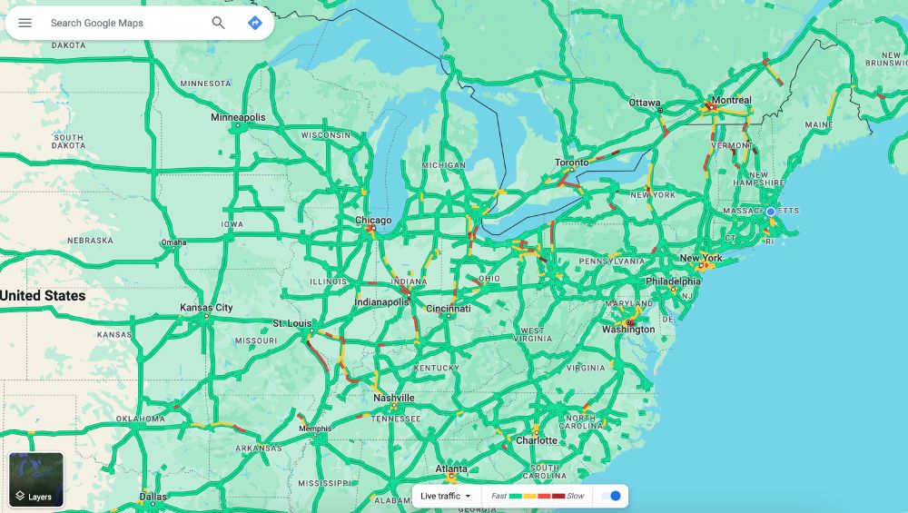 Google maps traffic view showing high traffic levels in areas in the US that experienced the path of totality under the 2024 solar eclipse