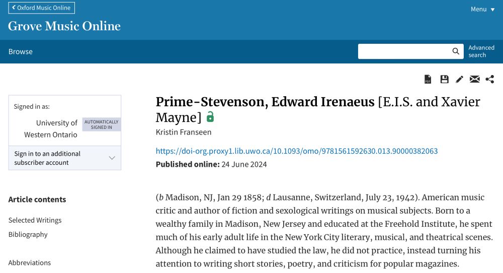 Screenshot of Grove Music Online article on Edward Prime-Stevenson