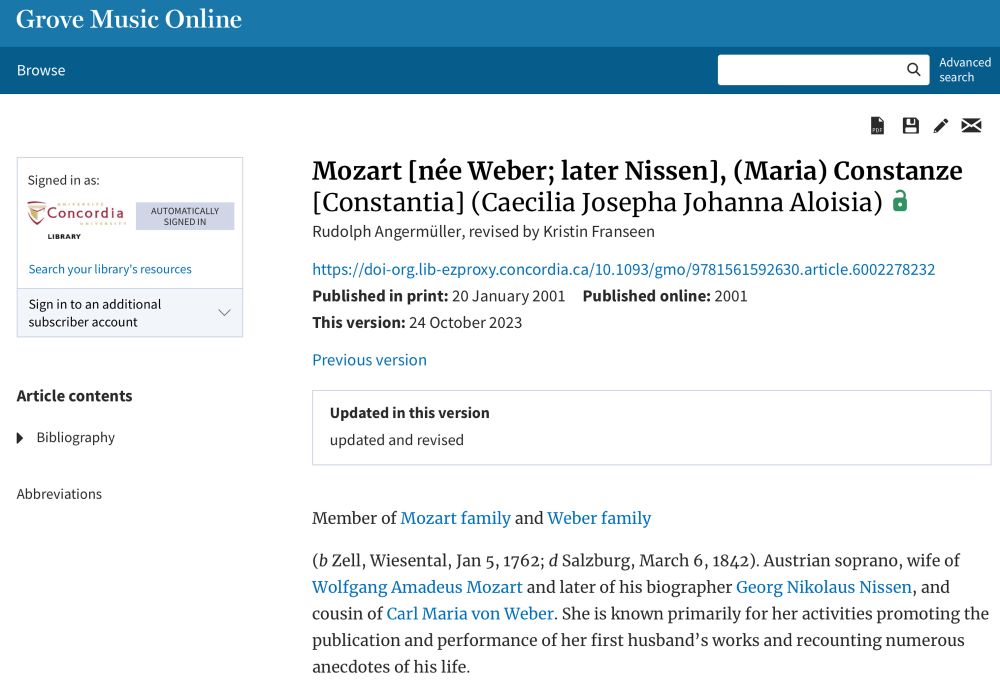 Screenshot of the newly revised Grove Music Online entry on Constanze Mozart.