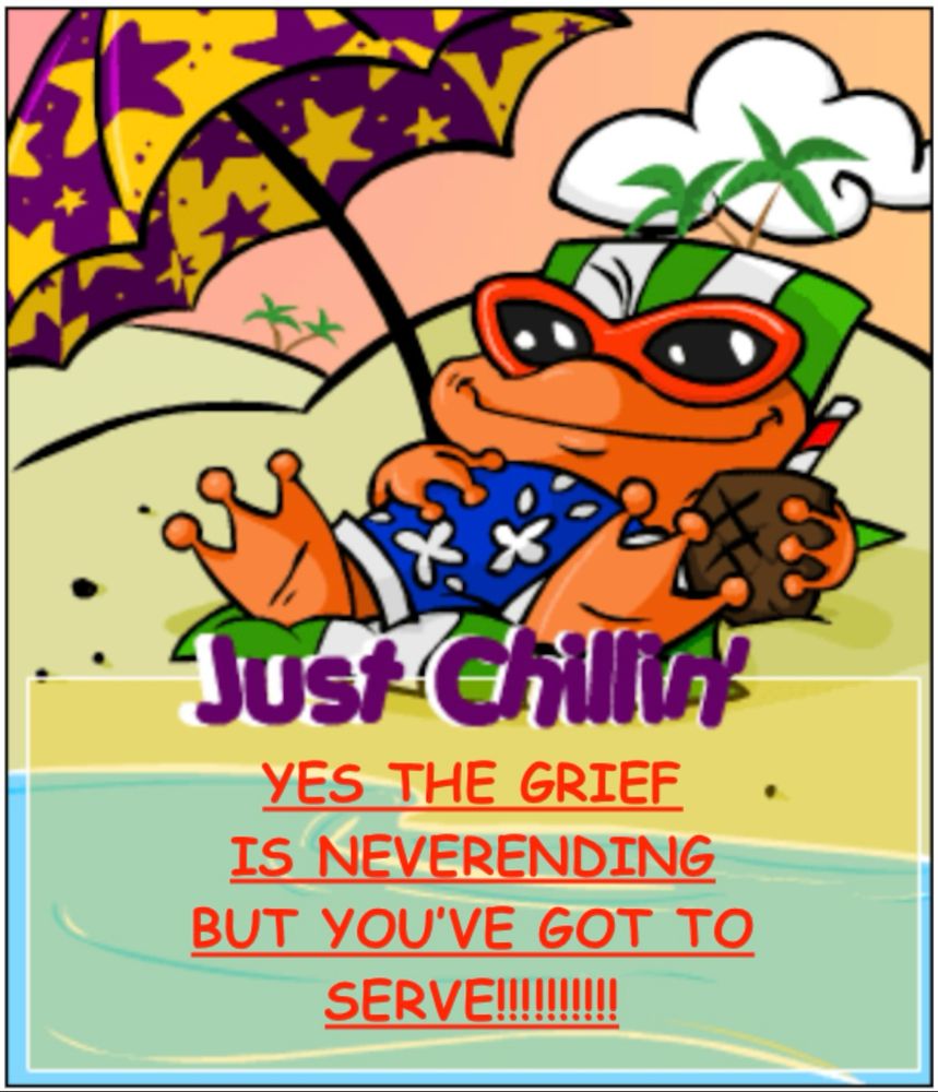 Neopets shop blog image of an Orange Quiggle in swim trunks and shades under a beach umbrella by the water with a coconut drink. Blog title reads “Just Chillin’” while text underneath reads, underlined in red, “YES THE GRIEF IS NEVERENDING BUT YOU’VE GOT TO SERVE!!!!!!!!!!!!” 