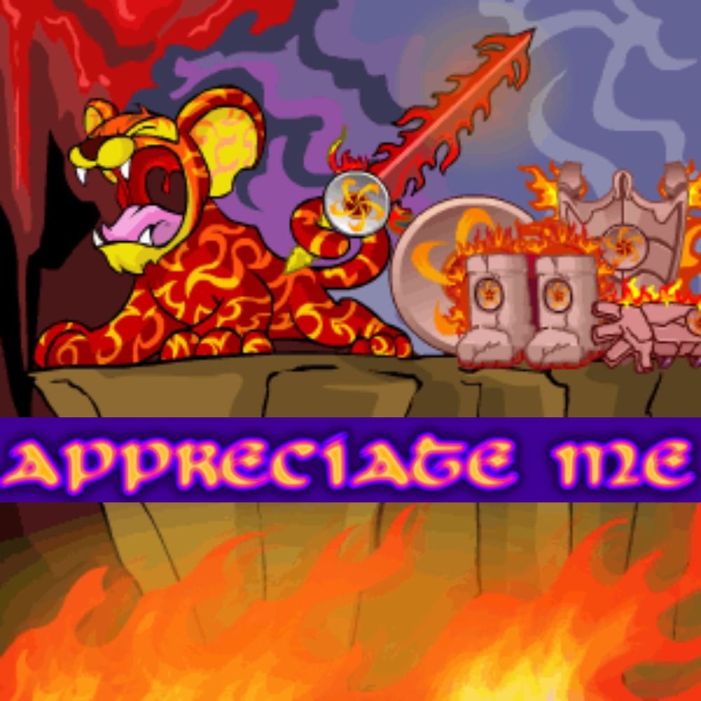 Neopets in-game TCG art for Tyran Far the Fire Kougra who runs the Tyrannian Weapons Shop. He roars at the edge of a volcanic cliff wielding the Million Degree Sword with his tail near a stockpile of Tyrannian weapons. Glowing text was overlaid to read “APPRECIATE ME”.