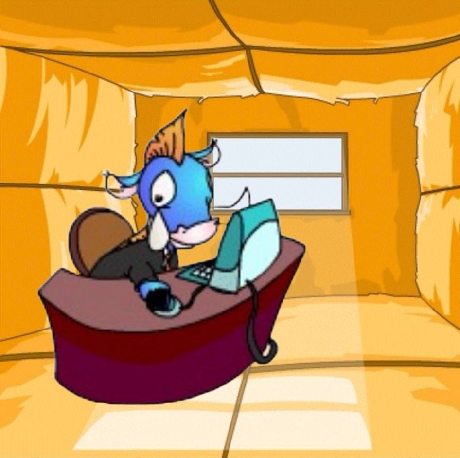Old Neopets site art of a Blue Moehog at a desk with PC, edited to be inside a straw thatched Neohome room 1.0. The straw bales kind of look like padded walls.