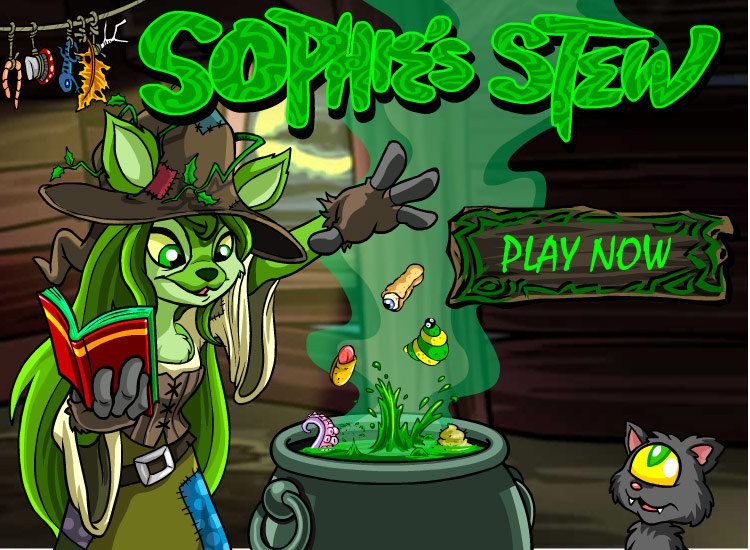 Neopets flash game title screen for Sophie’s Stew, with Sophie the Swamp Witch green Ixi character reading a book and dropping several gross haunted food items into a bubbling cauldron. Her petpet Meowclops looks up toward “PLAY NOW” button.
