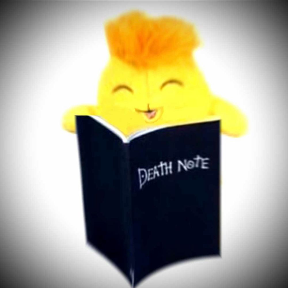 Neopets Yellow Chia plushie behind the black “Death Note” book with dark vignette around the edges of the image.