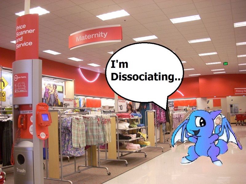 Blue Shoyru Neopet poorly edited into the maternity section of a Target with a text bubble that reads, “I’m Dissociating…”