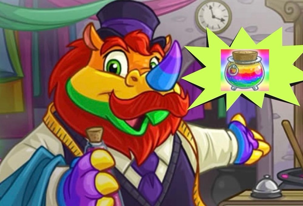 Neopets’ NC mall DyeWorks merchant, Loic the Rainbow Tonu, edited to be gesturing to one of his Hue Brew potions in a large cartoon comic bubble.