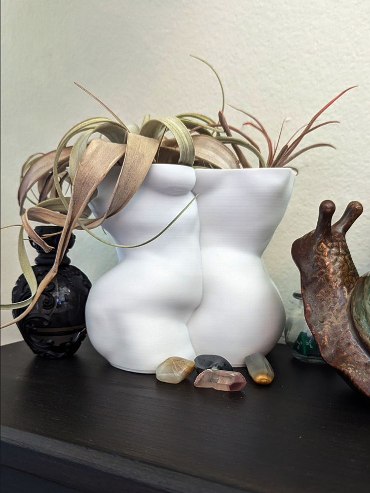 White 3d printed planter in the shape of two nude female forms in embrace, evoking marble statues.