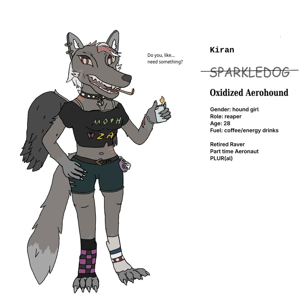 Kiran the Oxidized Aerohound, a retired sparkledog wearing a shirt that says "Moth 2a". Her right sock is [no counterstrike] textured, her left sock is [homestar runner] stripes. She wears a futhark belt and a tomagachi and also a skull keyring. Her spiked collar has a futhark Y of protection. She's looking at the camera saying "Do you like, need something". Her small crow wings can be seen buckling behind her.