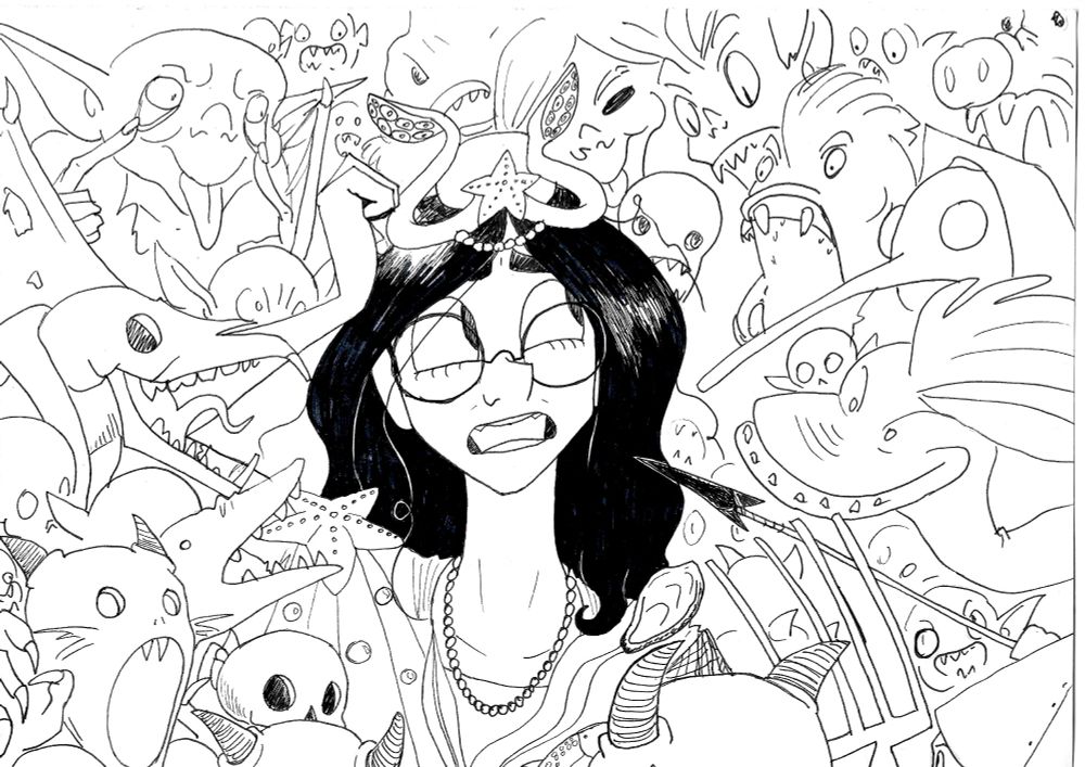 Colette, dressed in an octopus hat and dress decorated with pearls and starfish, stands in the centre of frame looking nervous. She is surrounded by a variety of goblins and demons which fill up the rest of the space in the image.
