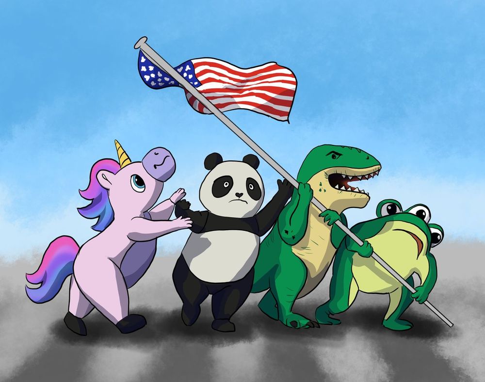 A drawing of inflatable costumed alien, dinosaur, unicorn, panda, dramatically raising an American flag pole