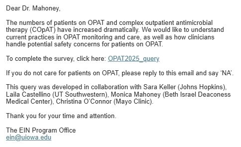 Screenshot of the Emerging Infections Network email, asking respondents to quantify their OPAT practices
