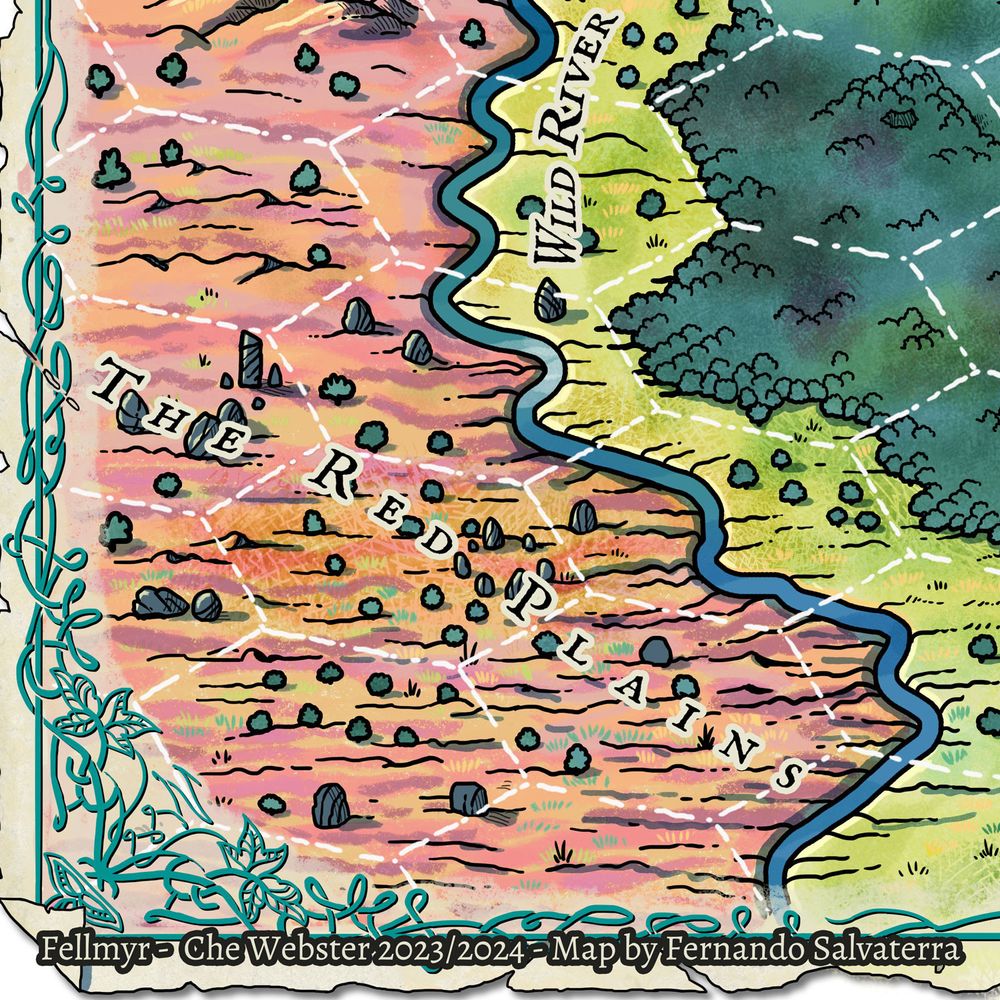 fragment of a hex map depicting some desolated plains near a river. a forest and grasslands shine in the other side of the river