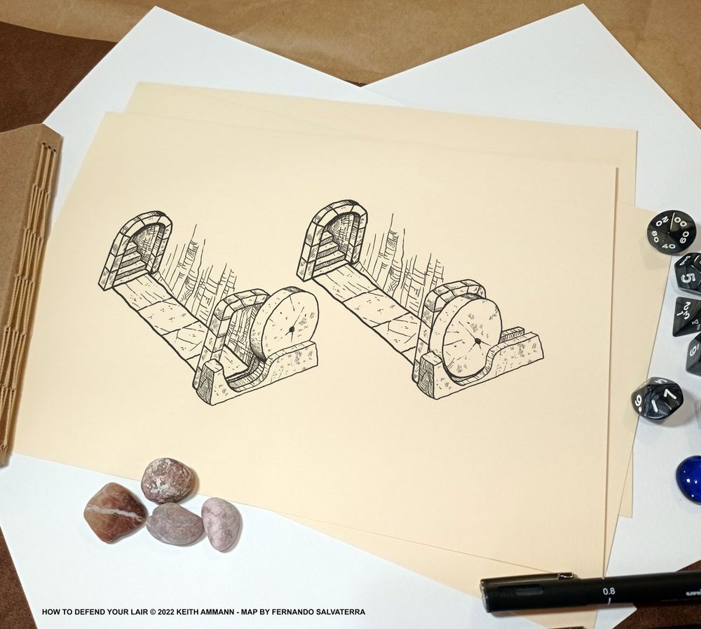 drawing of some stone round doors design to lock easily from inside to stop intruders in the drow compound.