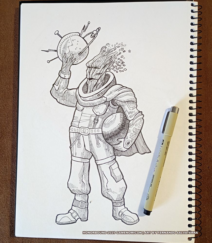 sketchbook page photo with the black and white pen drawing of an alien astronaut, a humanoid tree fellow, holding a navigation instrument in one hand and their helmet under the other arm.