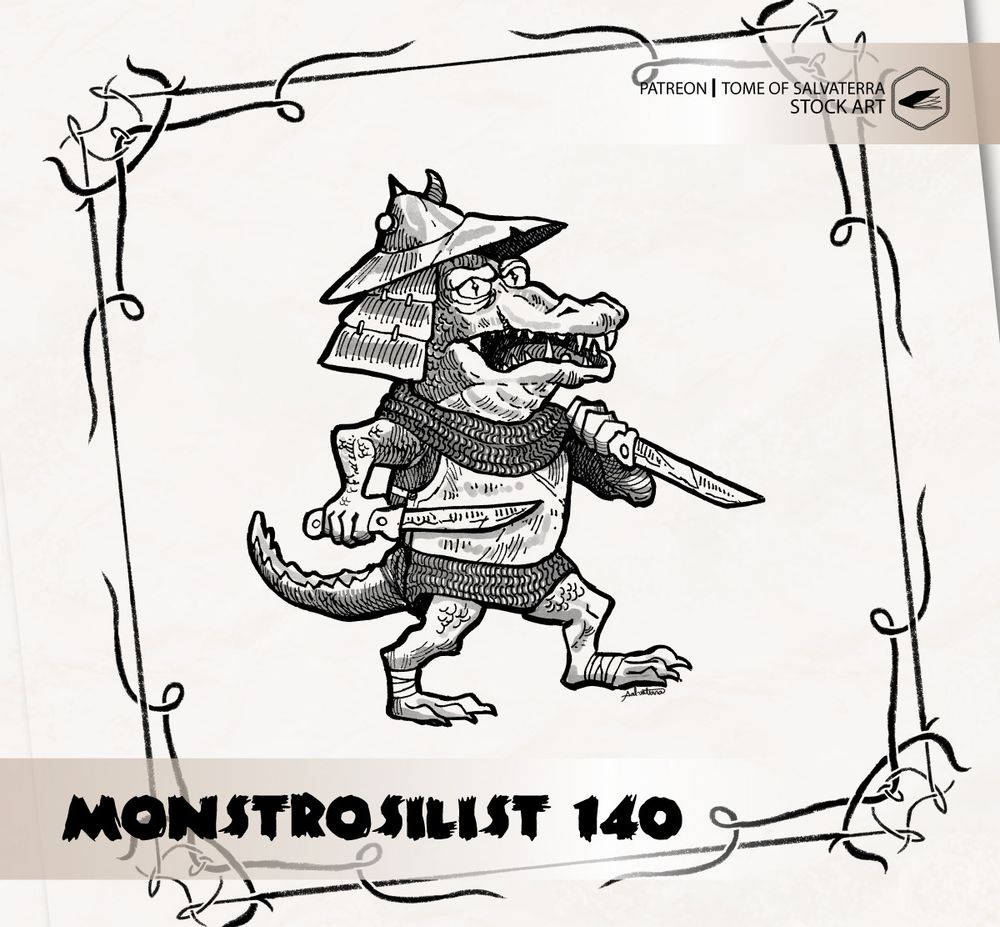 black and white drawing of a goblin wielding two big kitchen knives, wearing heavy armor. he has crocodile features, including a tail.