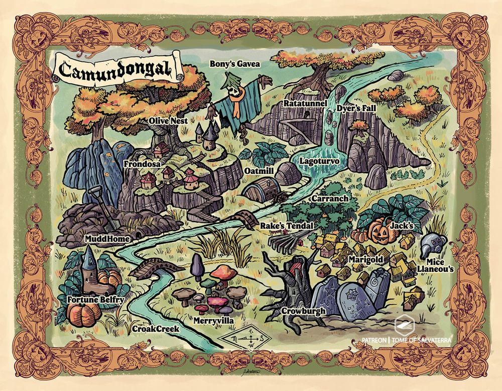 map of a miniature town in an abandoned backyard with a stream running through it, some stone slabs, a tower inside a boot, a Halloween pumpkin, a water mill inside a barrel, another tower inside a hollow tree stump, etc.