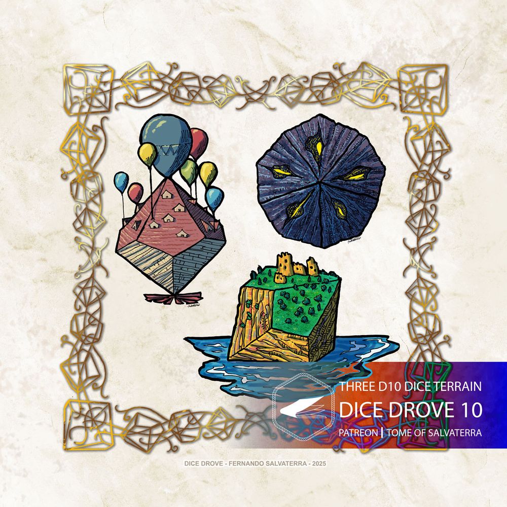 illustration of three d10-shaped pieces of fantasy terrain: one is a strange manor with balloons, other is an island with ruins and the third is an alien thing.