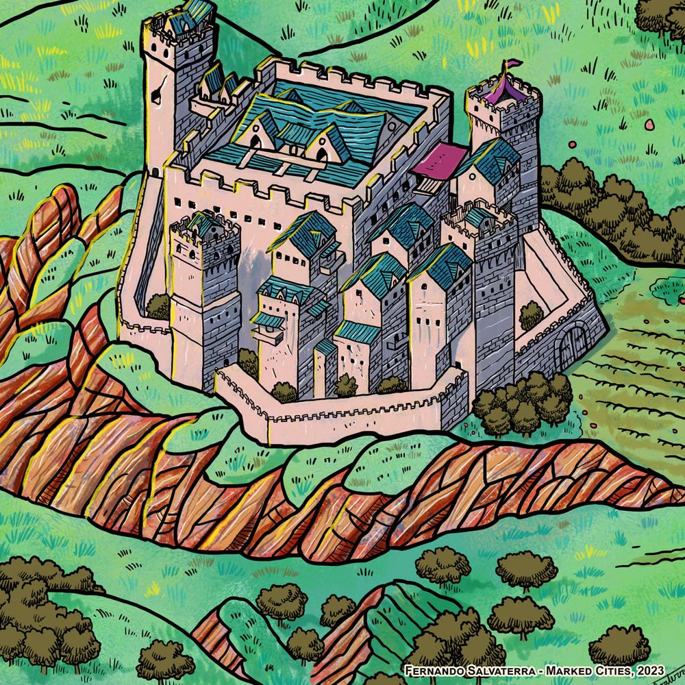illustration of a castle on a rocky hill, surrounded by tall cliffs, green hills and trees. with many towers and adjacent buildings. sitiada.