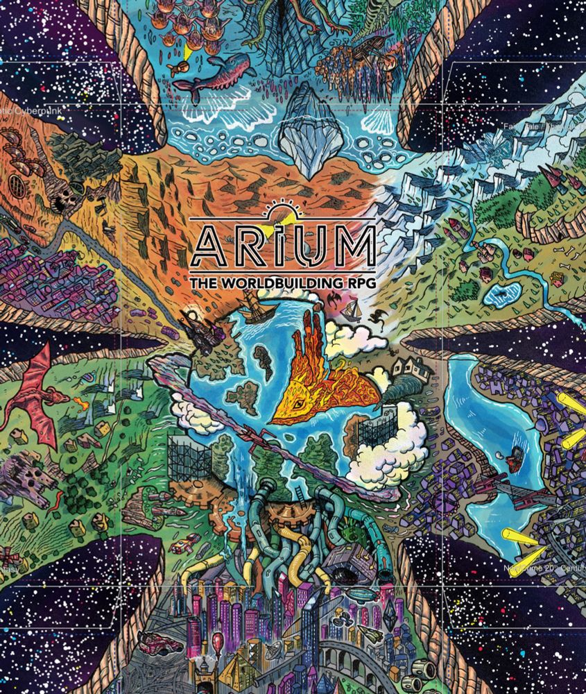illustration depicting six different worlds in cut-out stretches of land: one is a post-apocalyptic scenario, the second is an epic fantasy land, the third is a sci-fi landscape, the fourth is a city-noir landscape, the fifth is a fairy tale world and the final one is an submarine landscape with monsters and cities. All these are being drawn to the center of the artwork where a "world under construction" is cut to show its magic demon melting core full of hellfire, circled by a magic dust ring, orbited by dragons, whitchy houses, flying wooden ships and spacecraft, surrounded by scafolding and attached to strange machinery and gigantic pipes and hoses at its bottom.