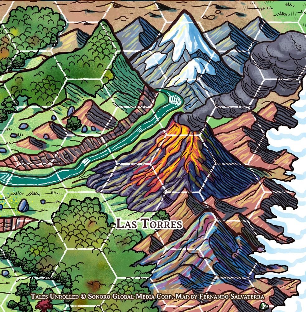 map fragment depicting a mountain range with varied types of mountains: one is covered in forest, the other in snow, then there's a volcano ad a multicolored ore mountain. a river flows from between the forest and snow mountain.
