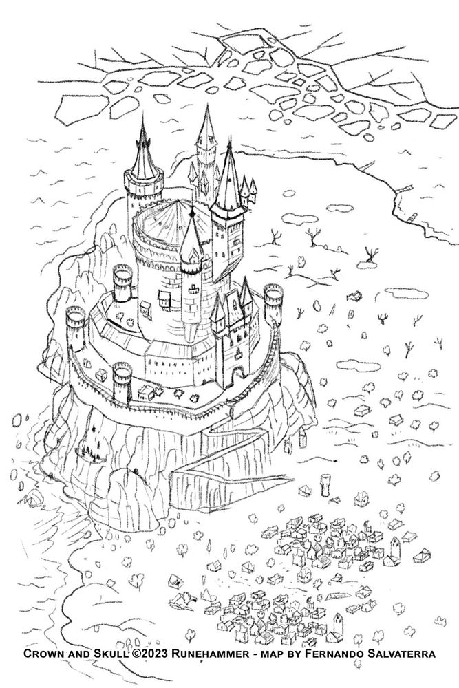 black and white map sketch of a giant dark tower or castle over a cliff by the frozen sea and a ruined city at its steps