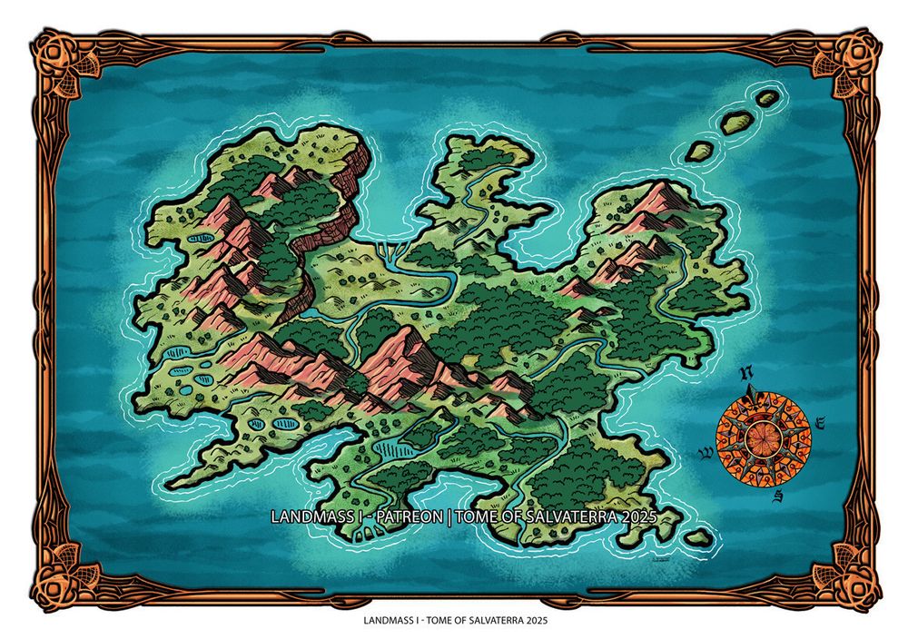 a colour hand-drawn nameless map depicting an island crossed by a mountain range holding many valleys, rivers, lakes, forests, headlands and a few islets around it.