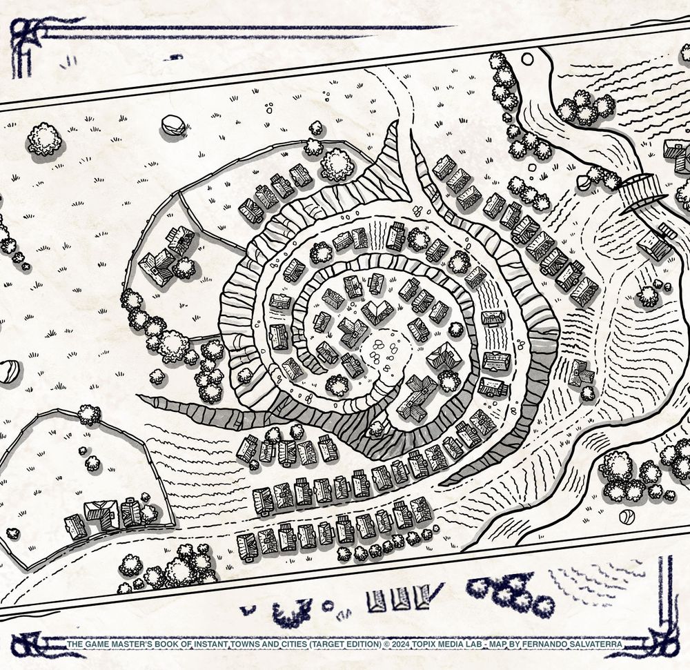 black and white village map : a village over a hill with its houses going around it from the bottom to the top, following a road. a river passes nearby amongst cultivated fields. some pastures both free and fenced to the let.