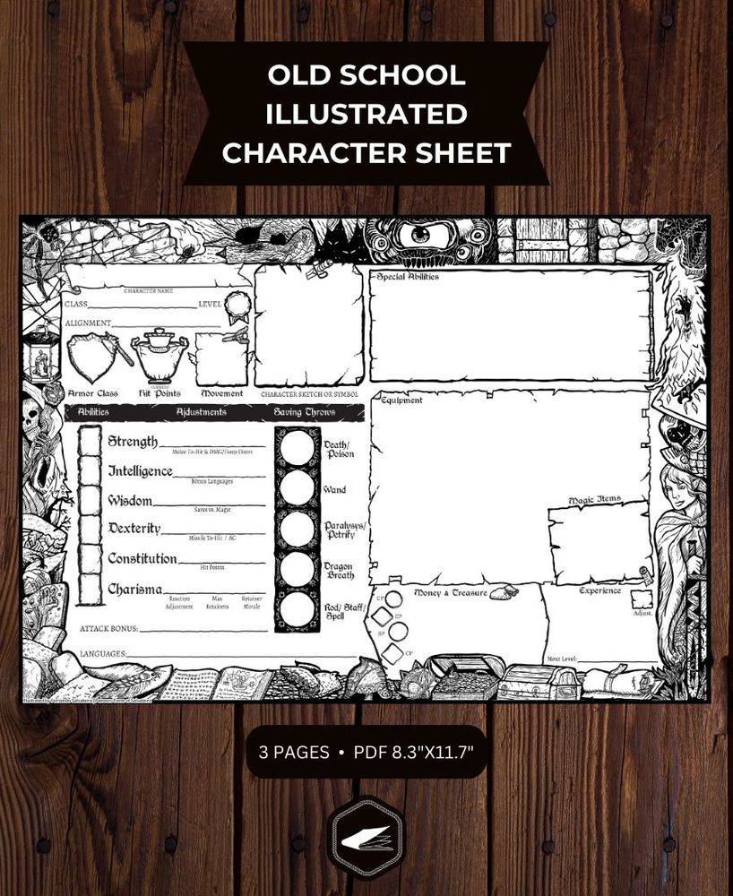 an RPG character sheet with an illustrated border with monsters and treasure.
