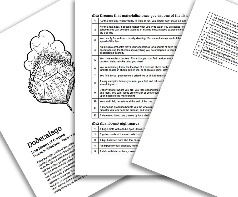 print screen of the pages of an RPG document describing a dodecahedron-shaped floating island and the contents of its magic lake