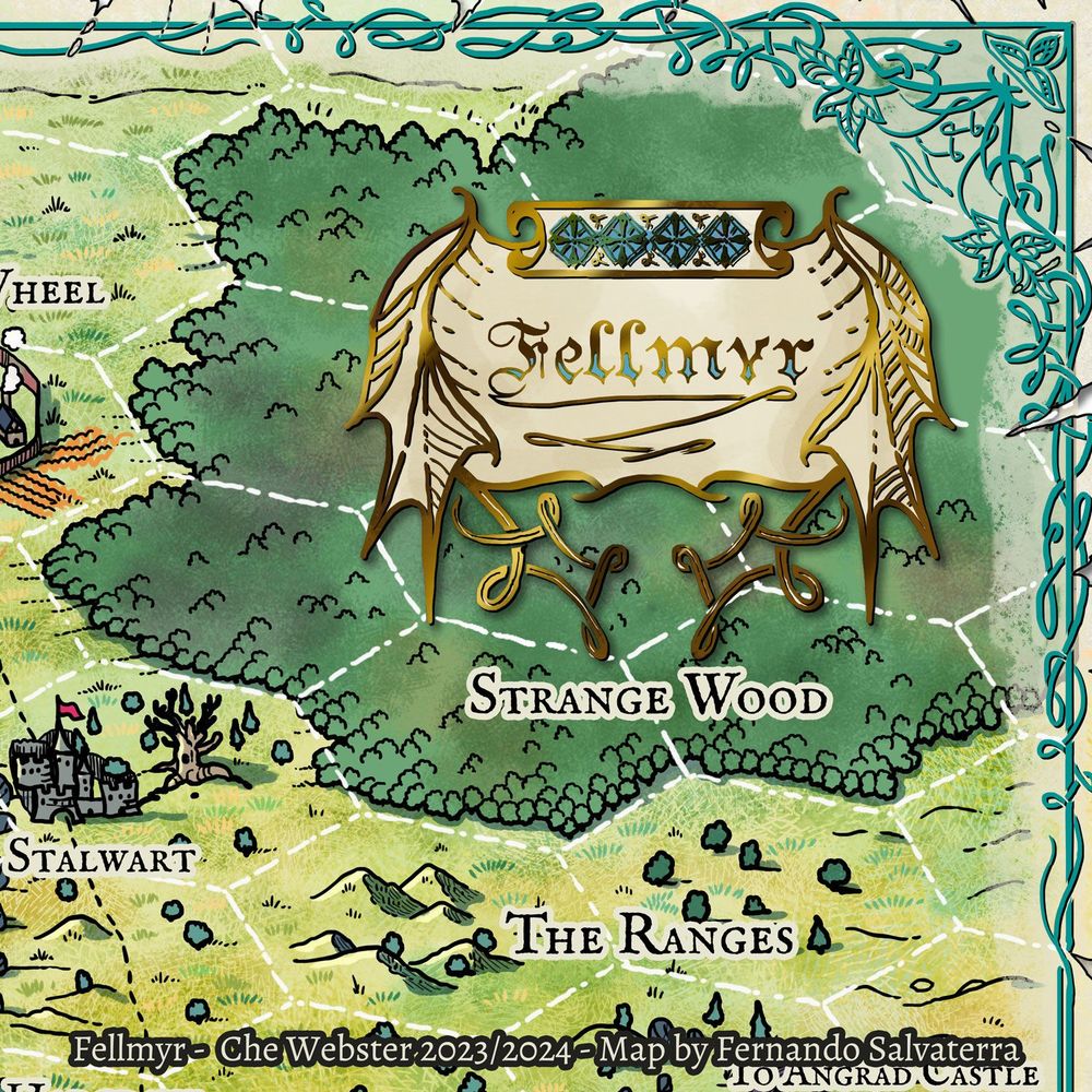 Map fragment illustration depicting a forest called "strange wood". There are plains and hills just south of it and a walled city to the west. The map is titled "Fellmyr".