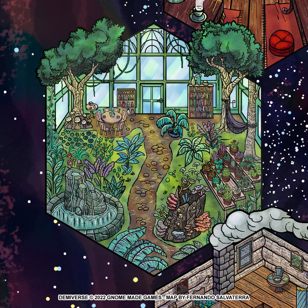 illustration depicting the inside of a greenhouse with many plants, a spring, a hammock, some bookshelves, tables and chairs and a tree trunk full of fungi. it is inside a hexagonal frame against a stairy night sky.