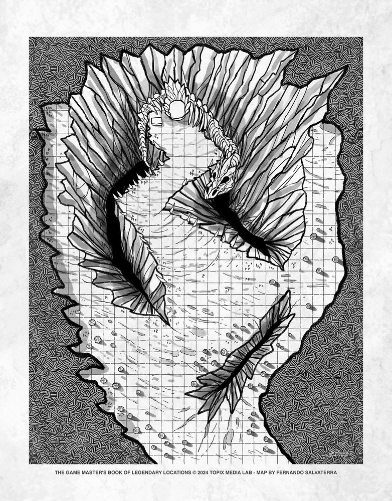 black and white hand-drawn battlemap depicting an ice cave with some enormous sinkholes. at the edge of the largest one, on an elevated platform, is a white dragon skeleton coiled around the ice giant throne.