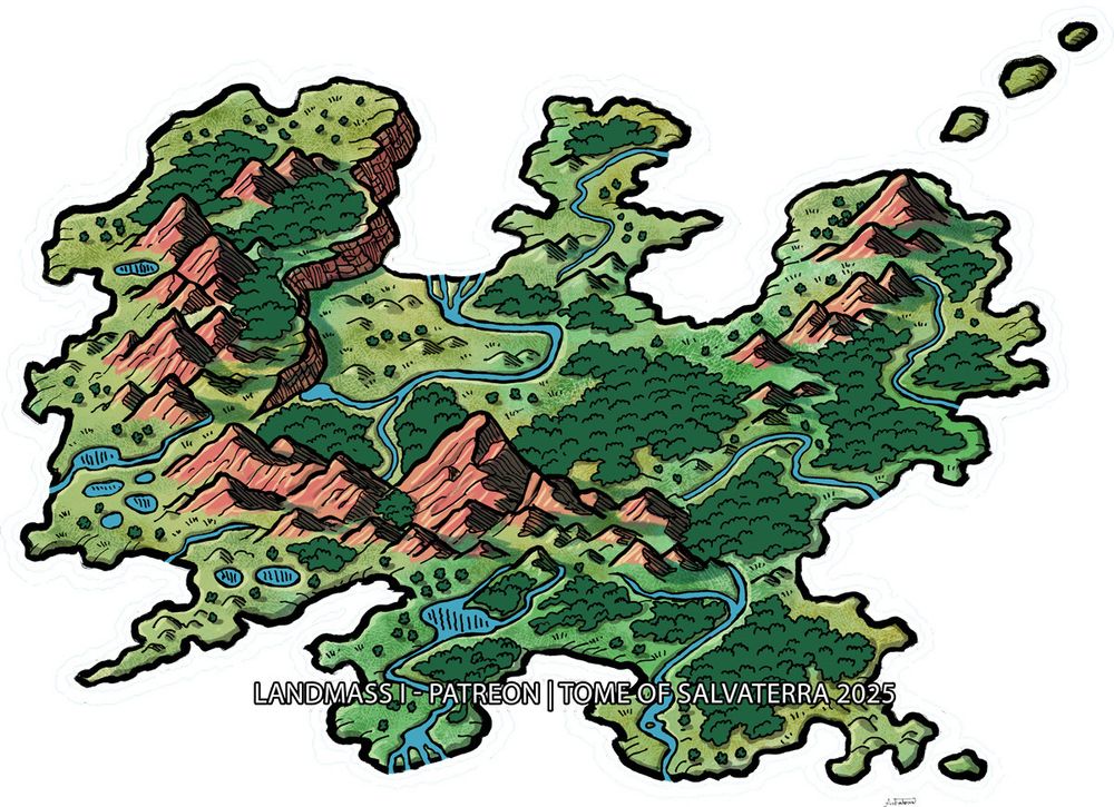 colourful drawing of an island crossed by a mountain range, rivers and forests scattered around.