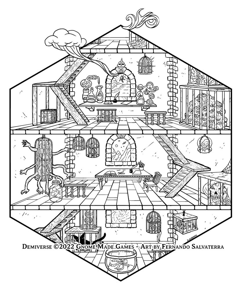 Illustration of a wizard tower interior with many floors, full of cages with weird creatures. The windows open to different planes of existence. The illustration is inside a hexagonal frame.