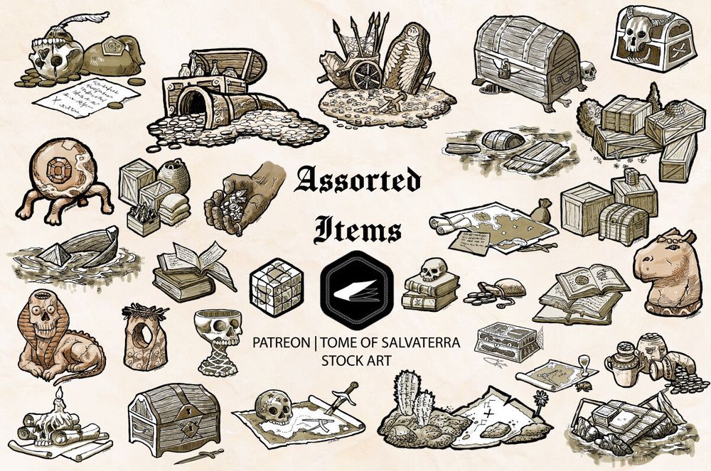 a collection of many black and white RPG items like skulls, crates, chests, treasure, maps, idols and books.