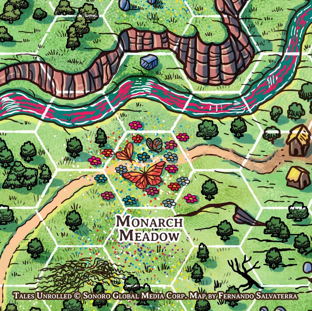 map fragment under a hex grid depicting a meadow of giant butterflies among scattered trees and woods, just south of a red-looking river, flanked by some tall cliffs.