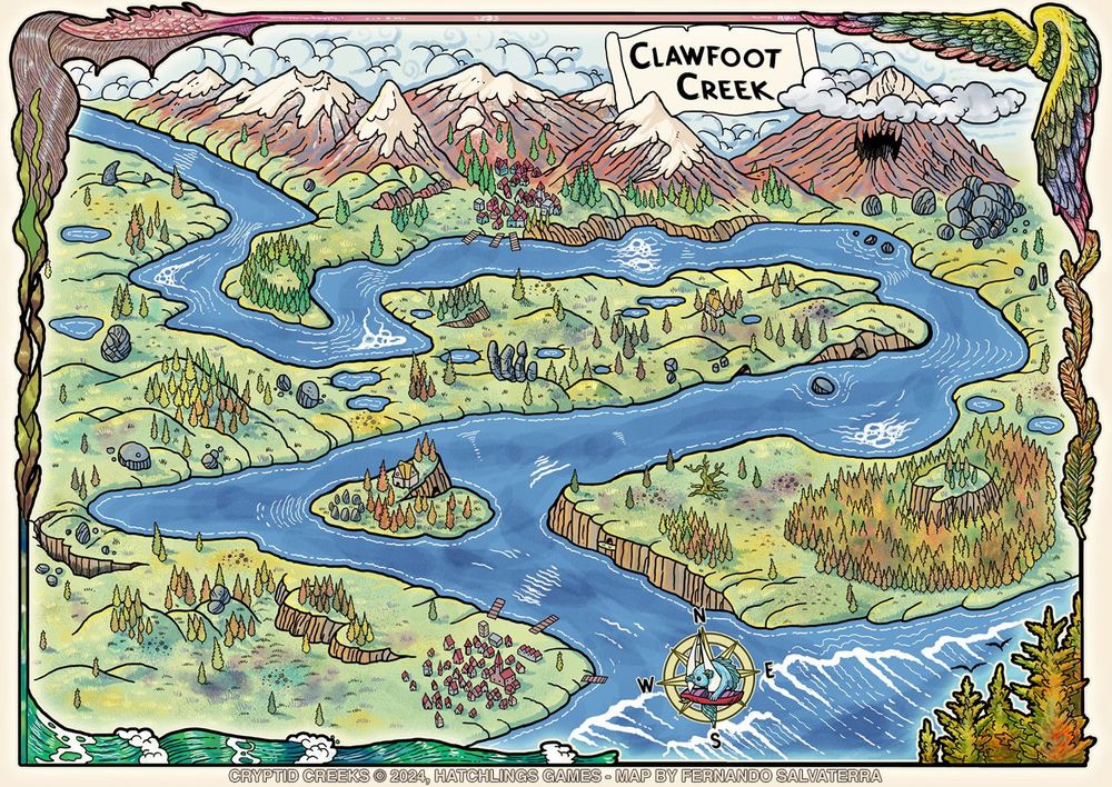 map illustration of a river going around through hills, pine forests, mountains, islands, cliffs, caves and harbour cities.