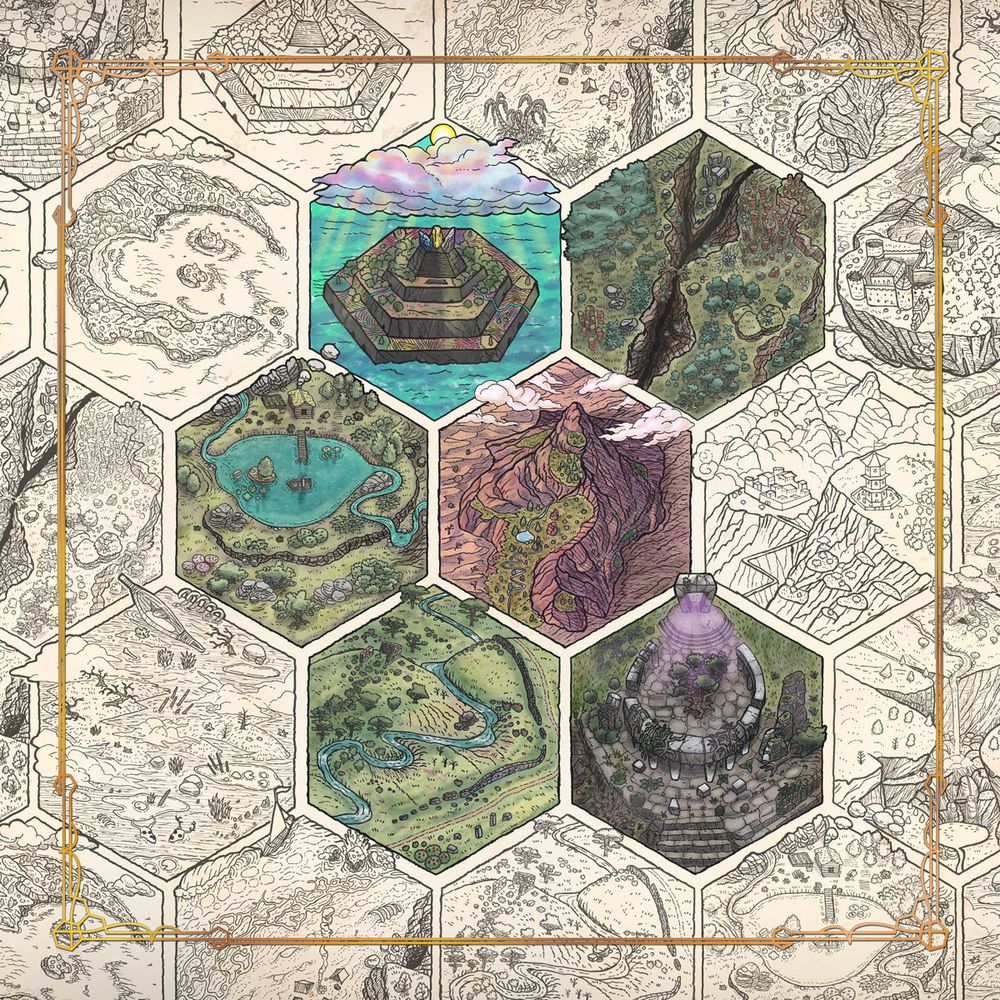 composition with different minimaps in hexagonal frames with islands, lakes, mountains, hills and precipices.