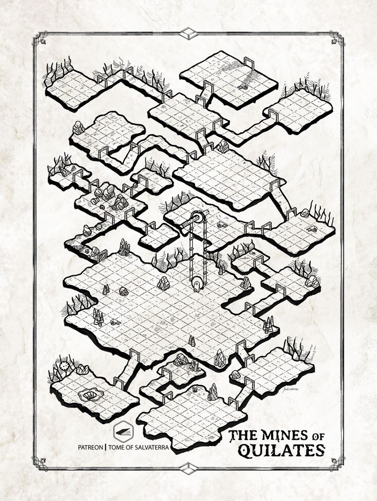 black and white isometric map of an open mine with closed sections. there are fallen rocks, crystals, mining tools and any rooms.