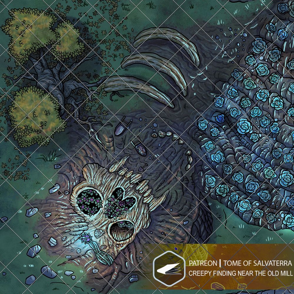detail of a ttrpg battlemap, depicting a giant fanged skull in a dig with a glowing tiara. there's a tree, digging equipment and some ribs near the skull as well as a cabbage field, whose cabbages are contaminated by the blue glow from the tiara.