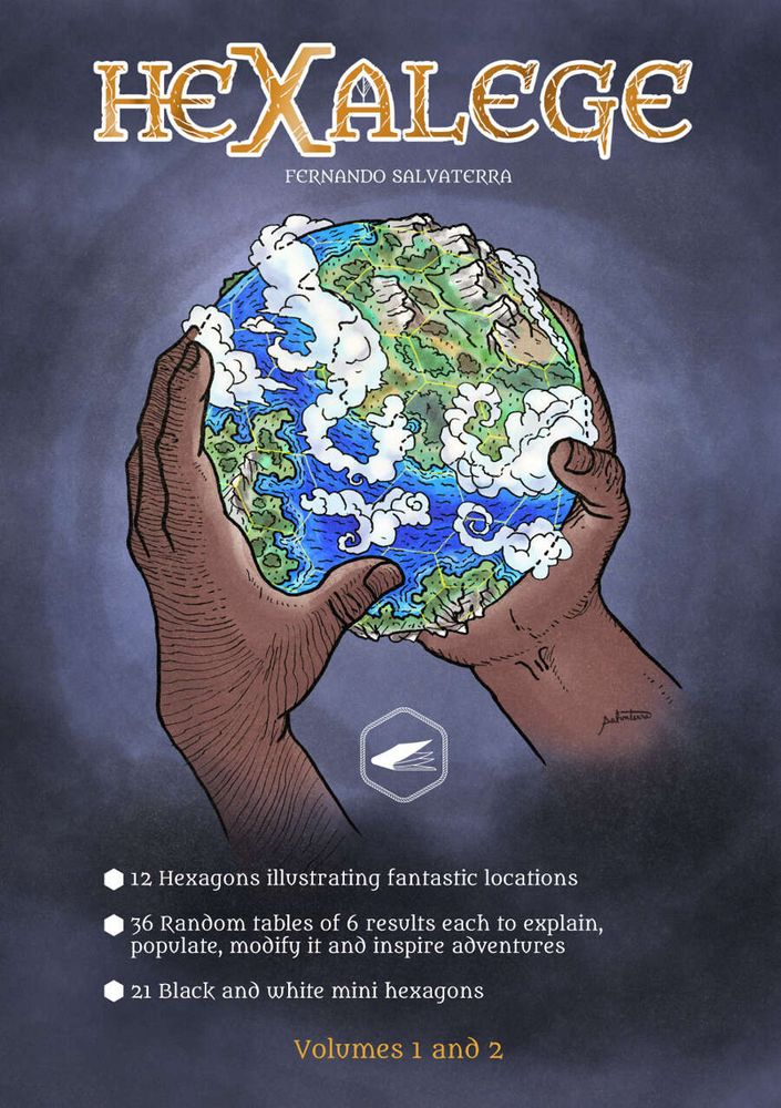 Hexalege cover, with the illustration of a pair of hands holding a little planet with large mountain ranges and swirling clouds.