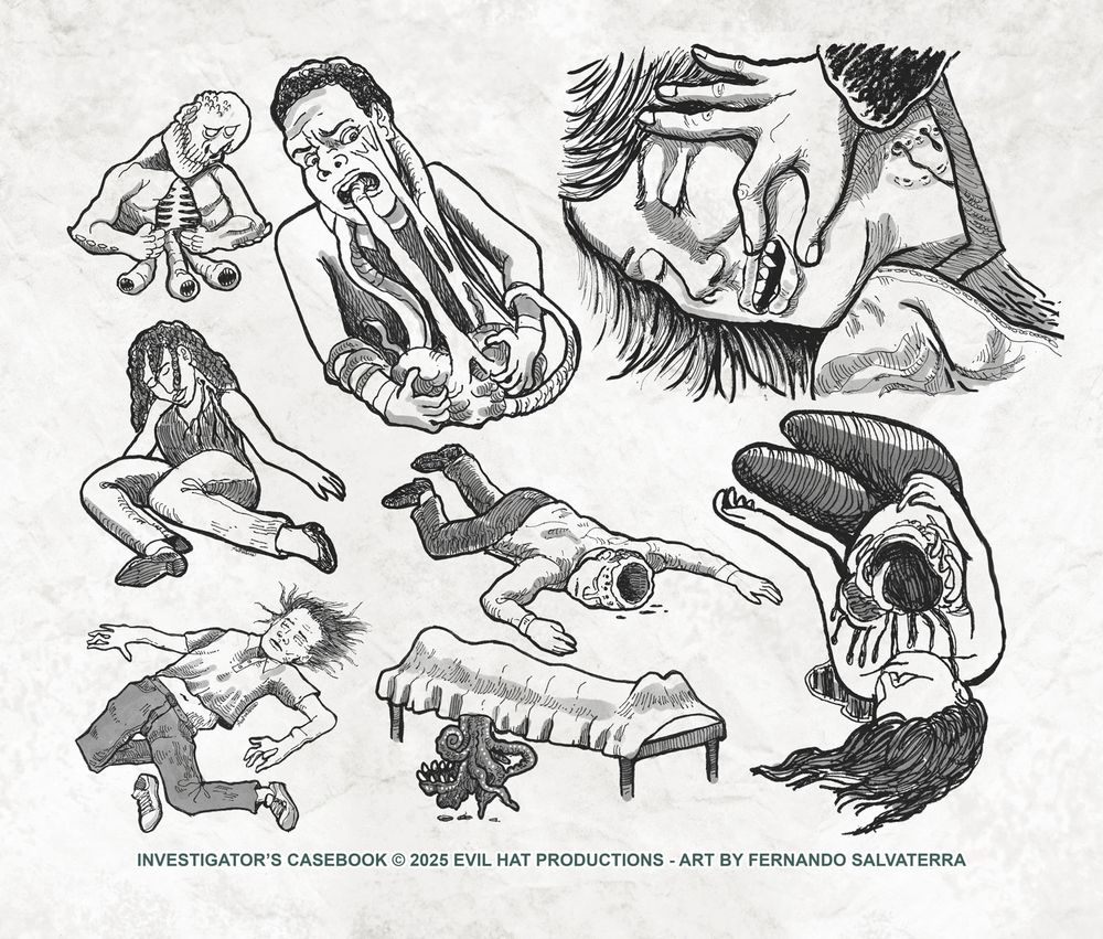 a set of black and white drawings depicting monster victims: a man being attacked by a face-hugger-like blob, a sleeping person bitten by a vampire, an open-chest woman drenched in blood, a deflated skin, a open-craniun brainless body, etc.