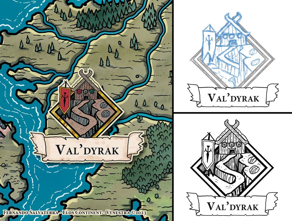 map city icon comprised of a long house with shields adorning it's facade, atop a rocy ravine. a red banner at its side. a map fragment with deltas and forests is at the background