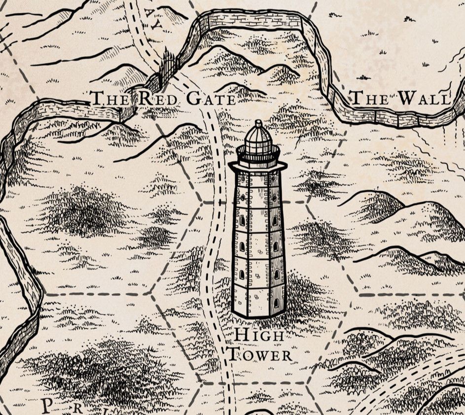 black-and-white map fragment depicting a tall lighthouse labelled as "high tower", siding a road, surrounded by hills and shrubs and a wall.
