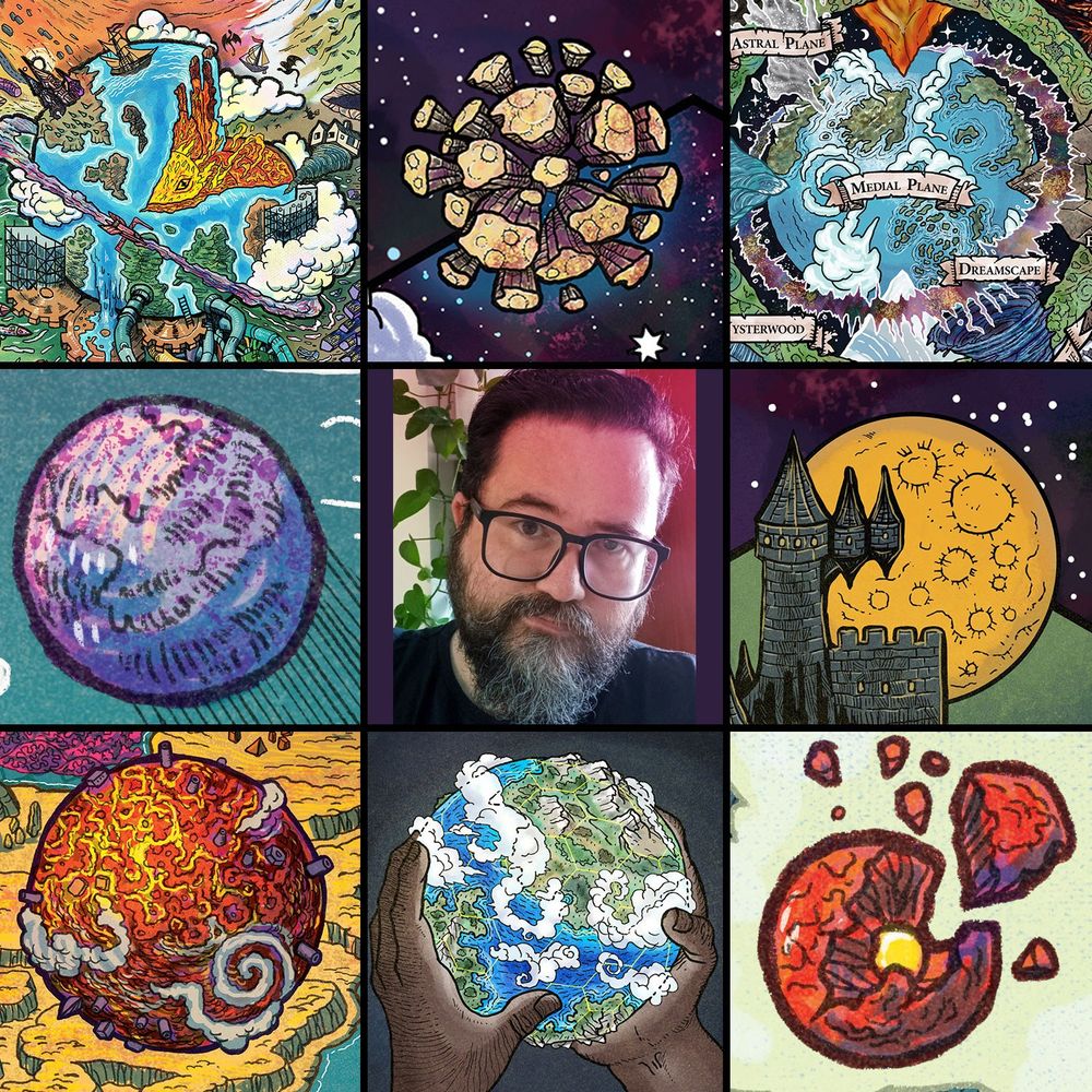 composition of 8 illustrations of planets and moons from fantasy maps around my selfie. I wear glasses and have a beard.