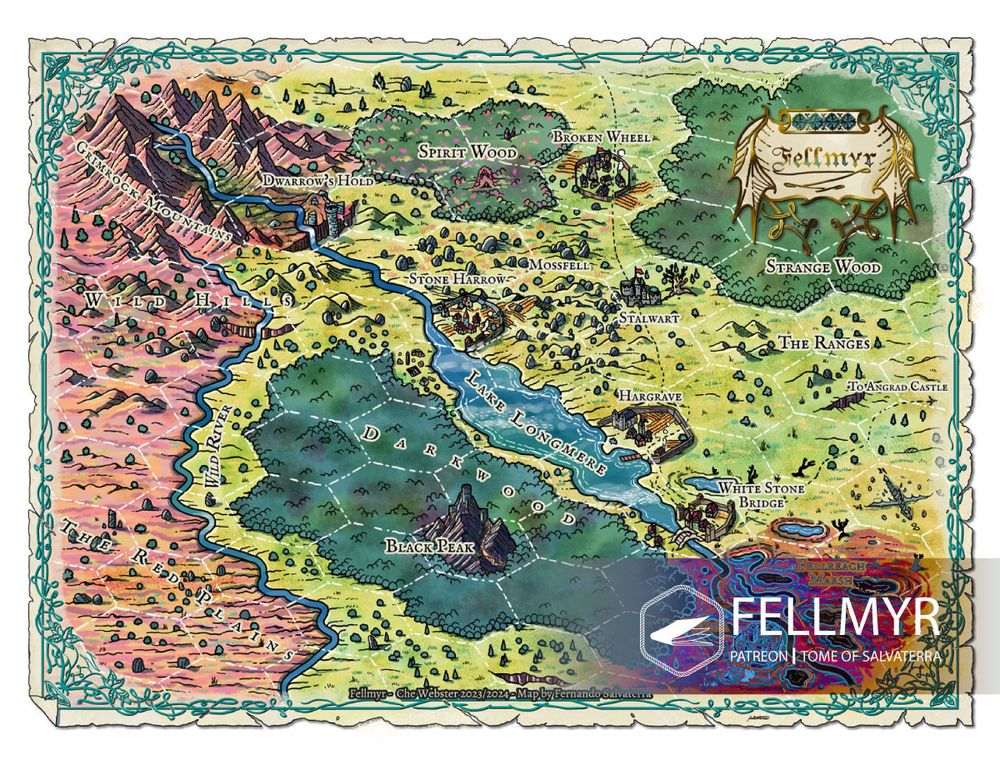Map of a kingdom crossed by a river that goes from a mountain range in the northwest to swamps in the southeast, with a long lake in the middle. a big forest just southwest of the lake with a mountain in the center. The map is titled "Fellmyr".