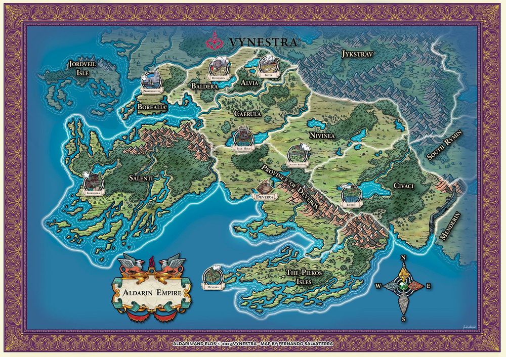 a fantasy map depicting the Aldarin Empire, a land with several provinces with jagged coastlines, two big mountain ranges, many forests, plains, hills, rivers, lakes and islands.