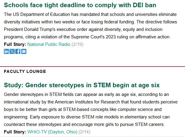 Screenshot of summaries of two news articles. The titles are Schools Face Tight Deadline to Comply with DEI Ban and Study: Gender Stereotypes in STEM Begin at Age Six.