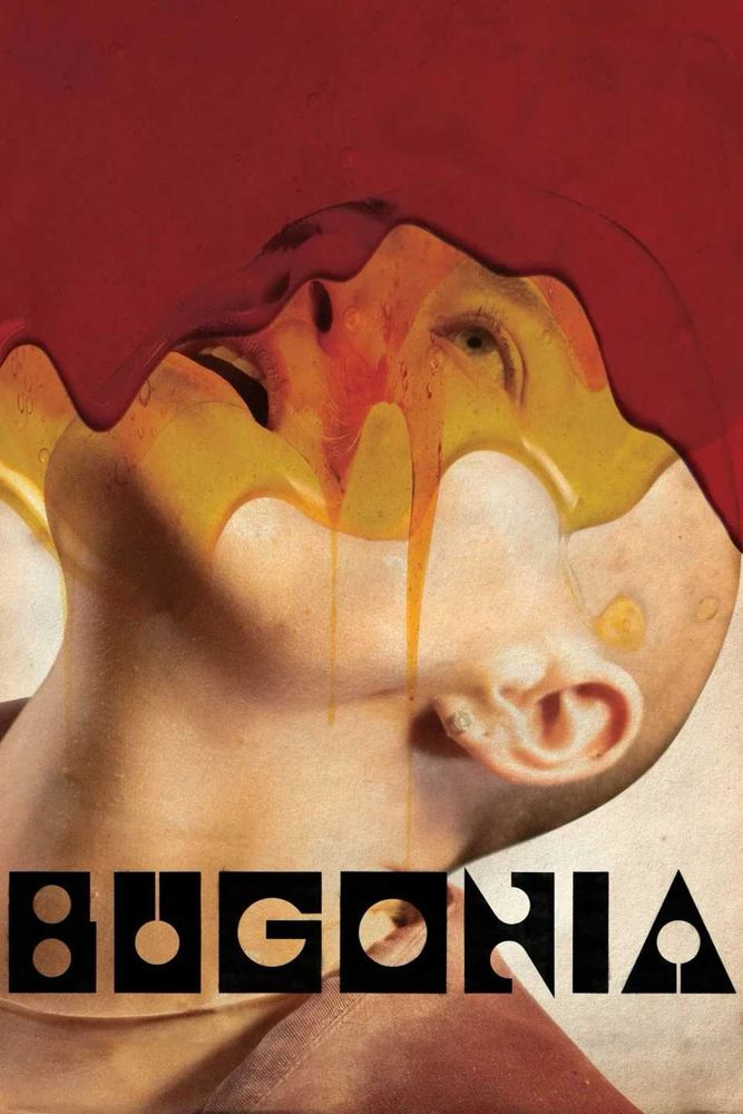 Poster for Bugonia (2025). A bald Emma Stone is being covered with honey and blood.